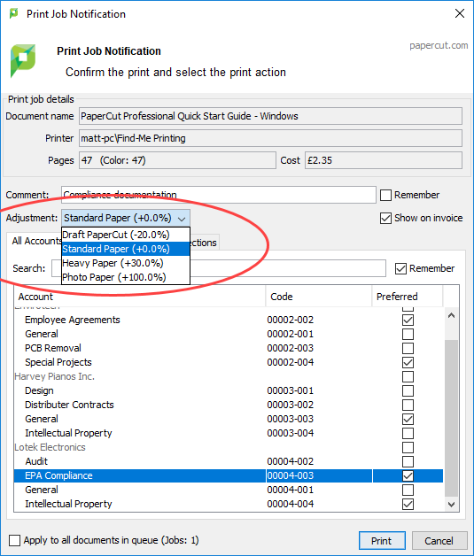 Advanced account selection popup charge rates