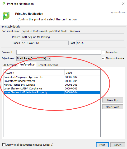 Advanced account selection popup preferred accounts