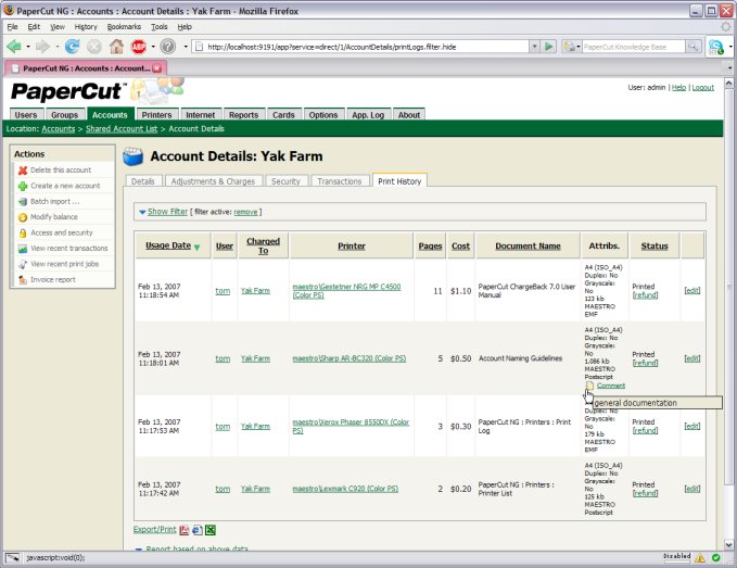 shared account print history
