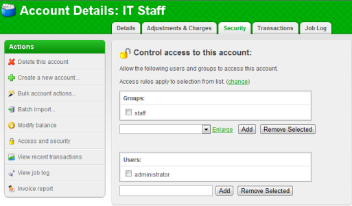 Shared account access control by group or user