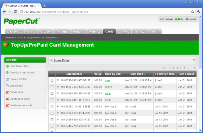 Managing cards from the administration interface