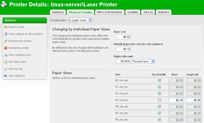 Defining printer cost settings per page size