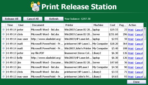 Print release station software showing the list of held jobs
