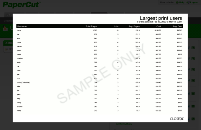 Sample of the "Largest print users" report