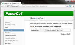 Redeeming a card from the user web interface