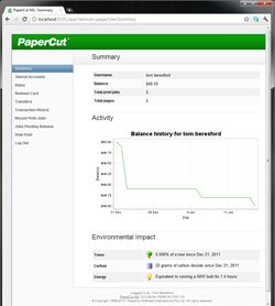 Summary page - balance, balance history, environmental impact