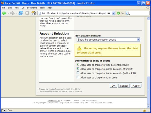 standard account selection popup