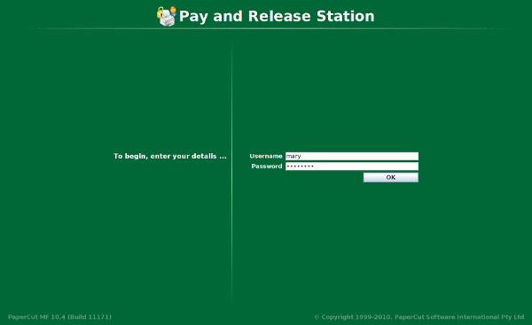 Logging into the PaperCut pay station software