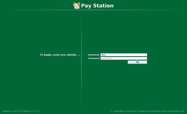 Logging into the PaperCut pay station software